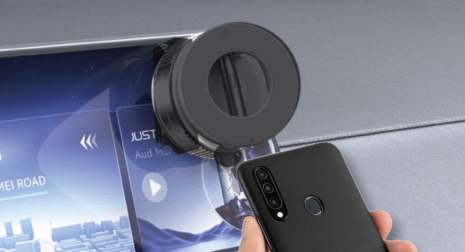 Smartphone wird magnetisch an der Adelmann Halterung im Auto angedockt